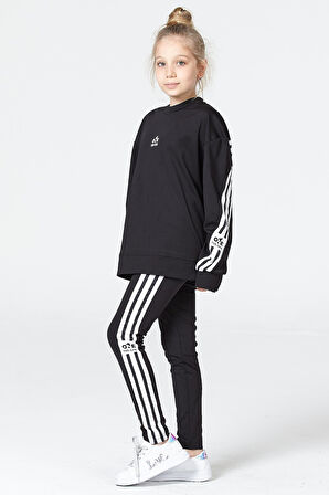 Black One Kız Çocuk Şerit Detaylı Salaş Sweat ve Tayt Spor Takım