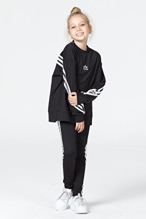 Black One Kız Çocuk Şerit Detaylı Salaş Sweat ve Tayt Spor Takım