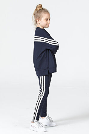 Black One Kız Çocuk Şerit Detaylı Salaş Sweat ve Tayt Spor Takım