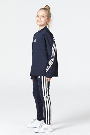 Black One Kız Çocuk Şerit Detaylı Salaş Sweat ve Tayt Spor Takım