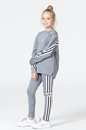 Black One Kız Çocuk Şerit Detaylı Salaş Sweat ve Tayt Spor Takım