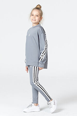 Black One Kız Çocuk Şerit Detaylı Salaş Sweat ve Tayt Spor Takım