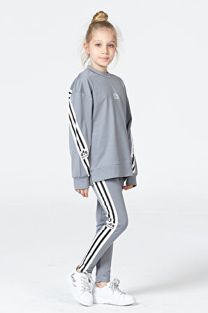 Black One Kız Çocuk Şerit Detaylı Salaş Sweat ve Tayt Spor Takım