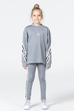 Black One Kız Çocuk Şerit Detaylı Salaş Sweat ve Tayt Spor Takım
