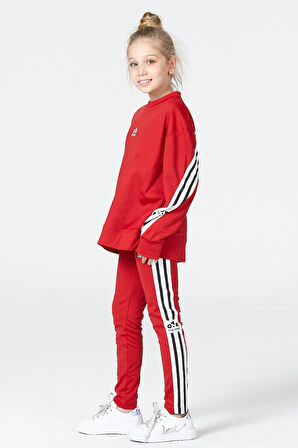 Black One Kız Çocuk Şerit Detaylı Salaş Sweat ve Tayt Spor Takım