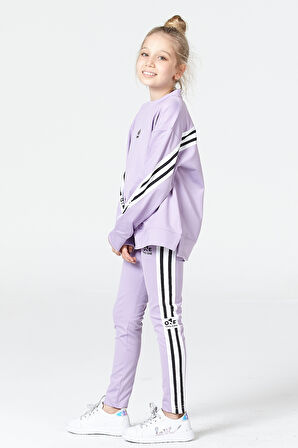 Black One Kız Çocuk Şerit Detaylı Salaş Sweat ve Tayt Spor Takım