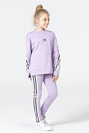 Black One Kız Çocuk Şerit Detaylı Salaş Sweat ve Tayt Spor Takım