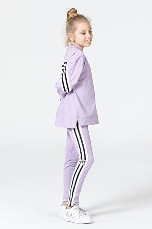 Black One Kız Çocuk Şerit Detaylı Salaş Sweat ve Tayt Spor Takım