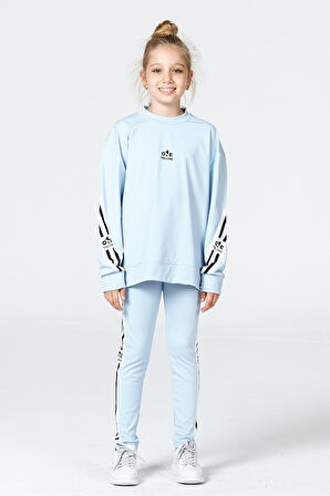 Black One Kız Çocuk Şerit Detaylı Salaş Sweat ve Tayt Spor Takım