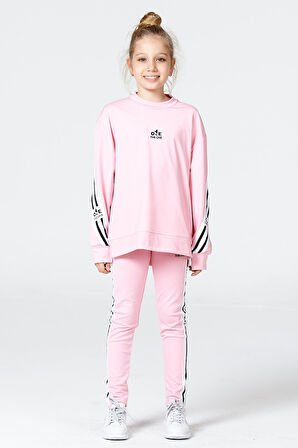 Black One Kız Çocuk Şerit Detaylı Salaş Sweat ve Tayt Spor Takım