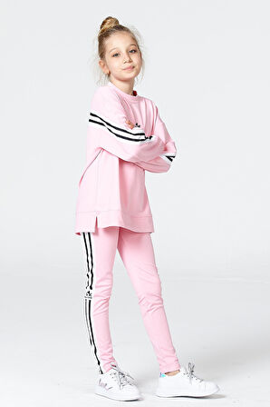 Black One Kız Çocuk Şerit Detaylı Salaş Sweat ve Tayt Spor Takım