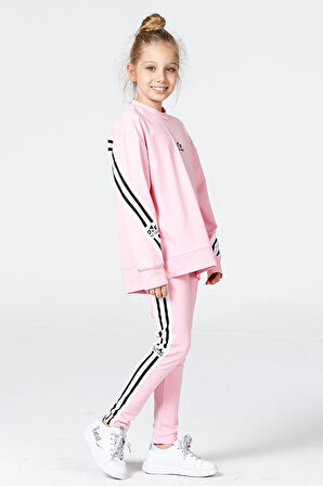 Black One Kız Çocuk Şerit Detaylı Salaş Sweat ve Tayt Spor Takım