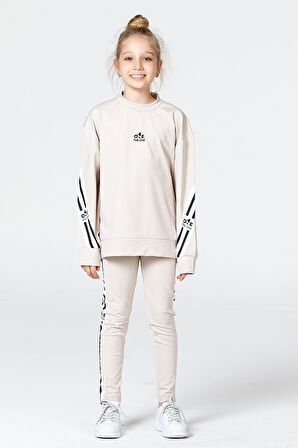 Black One Kız Çocuk Şerit Detaylı Salaş Sweat ve Tayt Spor Takım