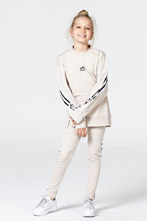 Black One Kız Çocuk Şerit Detaylı Salaş Sweat ve Tayt Spor Takım