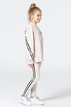 Black One Kız Çocuk Şerit Detaylı Salaş Sweat ve Tayt Spor Takım