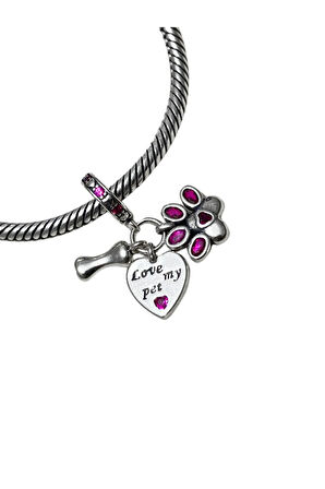 925 AYAR GÜMÜŞ I LOVE MY PET KALP PATİ KEMİK CHARM
