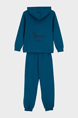 Kapüşonlu Baskı Detaylı Pike Kumaştan Erkek Çocuk Eşofman Takımı