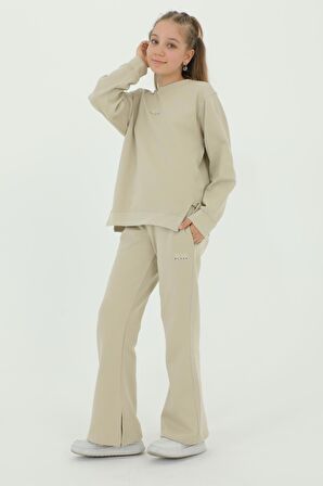 Bisiklet Yakalı Yırtmaçlı İspanyol Paça Baskı Detaylı Pamuklu 2'Li Alt Üst Kız Eşofman Takımı