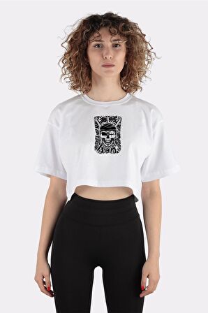 Beyaz %100 Pamuk Bisiklet Yaka Crop T-shirt One Eye Pirate Hunter