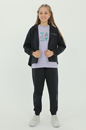 Kız Çocuk Üçlü Takım Baskı Detaylı Eşofman Takımı