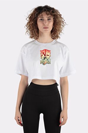 Beyaz %100 Pamuk Bisiklet Yaka Crop T-shirt Plus Ultra Hero