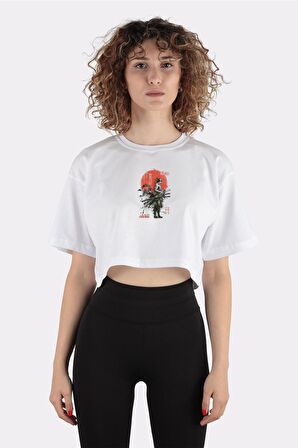 Beyaz %100 Pamuk Bisiklet Yaka Crop T-shirt Zoro Samurai Wano Kuni Arc