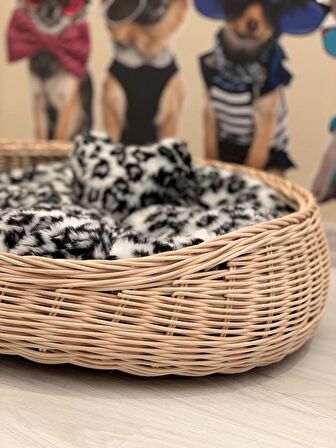 Mady Aksesuar Rattan Bambu Kedi Köpek Yatağı Siyah Leopar Detaylı 58 cm