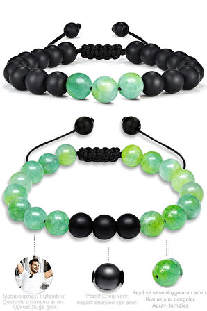 Sertifikalı Makrome Su Yeşili Akik Taşı Doğal Taş Bileklik Seti