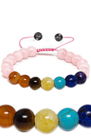 Sertifikalı Pembe Kuvars Taşı 7 Çakra Bileklik - Akik Kaplan Gözü Sitrin Firuze Lapis Ametist Taşı