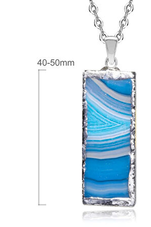 Sertifikalı Dikdörtgen Doğal Desenli Mavi Akik Taşı Kolye