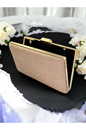 Rose - Gold Renk Taş Sim Dökülmeyen Sim Kadın Abiye Çanta Düğün Nişan Mezuniyet
