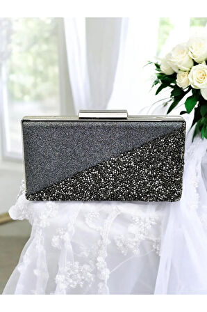 Antrasit Gri Platin Renk Iri Taşlı Metal Saplı Kadın Abiye Çanta Düğün Nikah Nişan Mezuniyet