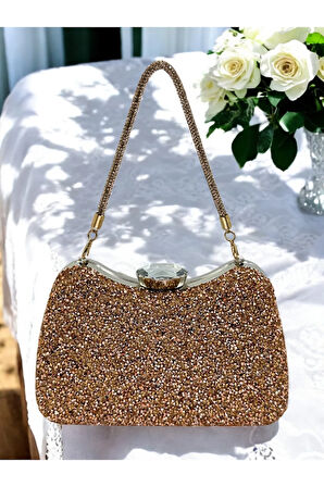 Rose - Gold Renk Iri Taşlı Metal Saplı Kadın Abiye Çanta Düğün Nikah Nişan Mezuniyet