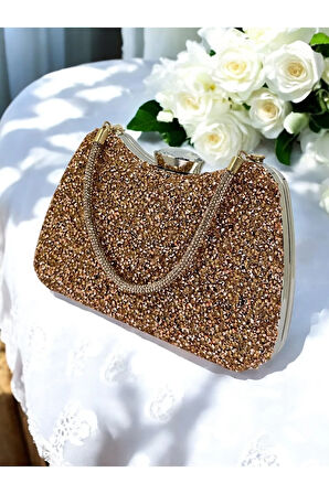 Rose - Gold Renk Iri Taşlı Metal Saplı Kadın Abiye Çanta Düğün Nikah Nişan Mezuniyet
