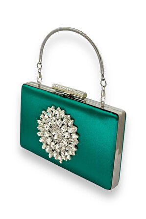 Yeşil Renk Saplı Saten Kristal Taşlı Abiye Çanta Gece Çantası Kına Gelin Mezuniyet Çantası Clutch