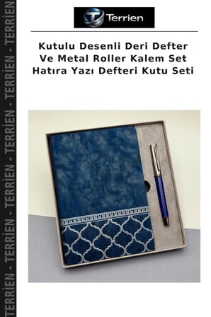 Kutulu Desenli Deri Defter Ve Metal Roller Kalem Set Hatıra Yazı Defteri Kutu Seti