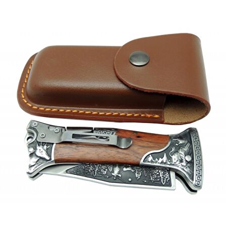 Columbia A3188-2 Geyik Desenli Outdoor Çakı 23 cm - İşlemeli Ahşap Saplı, Perçinli, Deri Kılıflı