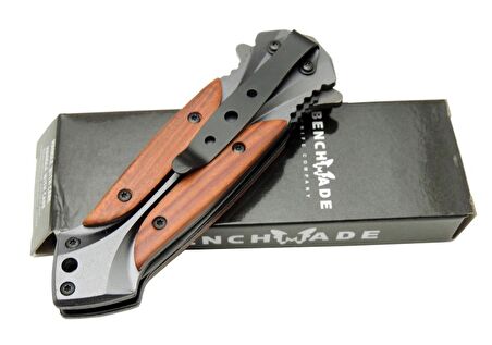 Benchmade DA27B Gri Sivri Kamp Çakı 20cm - Yarı Otomatik, Kemerlikli, Kutulu, Ahşap - Metal Sap