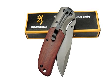 Browning DA 301 Kahve Kamp Çakı 22cm - Yarı Otomatik, Kemerlikli, Ahşap Sap, Kutulu