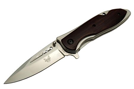 Benchmade DA76 Kahverengi Kamp Çakı 20cm- Yarı Otomatik, Kemerlikli, Ahşap Sap, Oluklu Bıçak