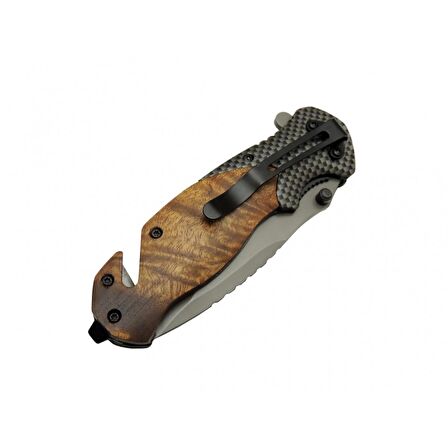 Browning X50 Kahverengi Kurtarma / Kamp Çakısı 20,5cm- Yarı Otomatik, Kemerlikli, Ahşap Sap, Cam Kırma ve İp Kesme Aparatlı