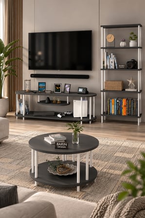 Salon Oturma Odası Takımı Metal Ayaklı Tv Ünitesi Kitaplık Orta Sehpa Avantajlı Mobilya Seti