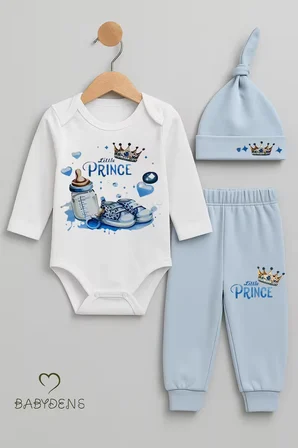  Little Prince 3’lü Erkek Bebek Takımı – Uzun Kollu %100 Pamuk Body, Pantolon ve Şapka Seti Mavi