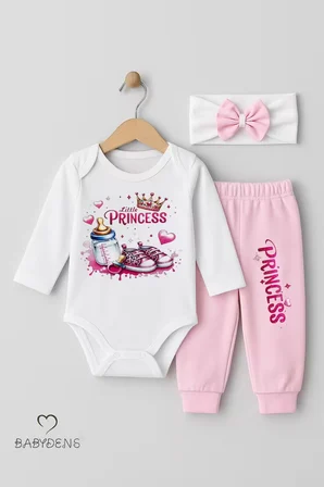 Little Princess 3’lü Kız Bebek Takımı Uzun Kollu Pamuklu Body,Pembe Pantolon ve Fiyonk Bandana Seti