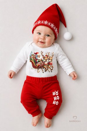 Bebek Yılbaşı Noel Kıyafeti 3’lü Takım,Noel Baskılı Uzun Kollu Body,Fitilli Pantolon,Ponponlu Şapka