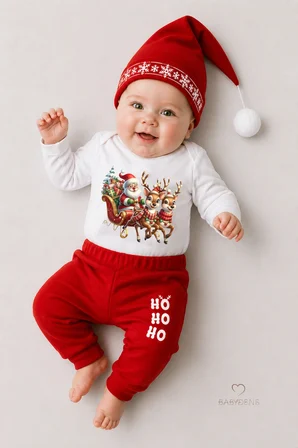 Bebek Yılbaşı Noel Kıyafeti 3’lü Takım,Noel Baskılı Uzun Kollu Body,Fitilli Pantolon,Ponponlu Şapka