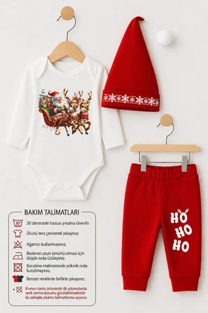 Bebek Yılbaşı Noel Kıyafeti 3’lü Takım,Noel Baskılı Uzun Kollu Body,Fitilli Pantolon,Ponponlu Şapka