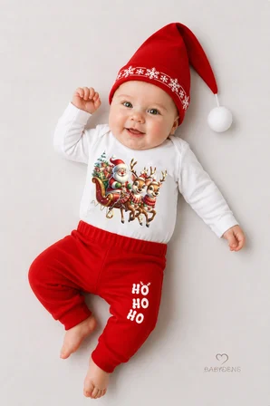 Bebek Yılbaşı Noel Kıyafeti 3’lü Takım,Noel Baskılı Uzun Kollu Body,Fitilli Pantolon,Ponponlu Şapka