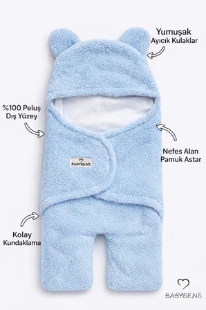  0-12 Ay Welsoft Peluş Bebek Dış Kundak ,Uyku Tulumu ,Ayıcık Kulaklı İçi %100 Pamuk Astarlı Battaniye