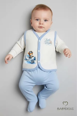 Erkek Bebek 3’lü Jakarlı Yelek Set Çıtçıtlı Bebek Yeleği Ayıcık Baskılı,Pamuklu,Yenidoğan Yelek Seti